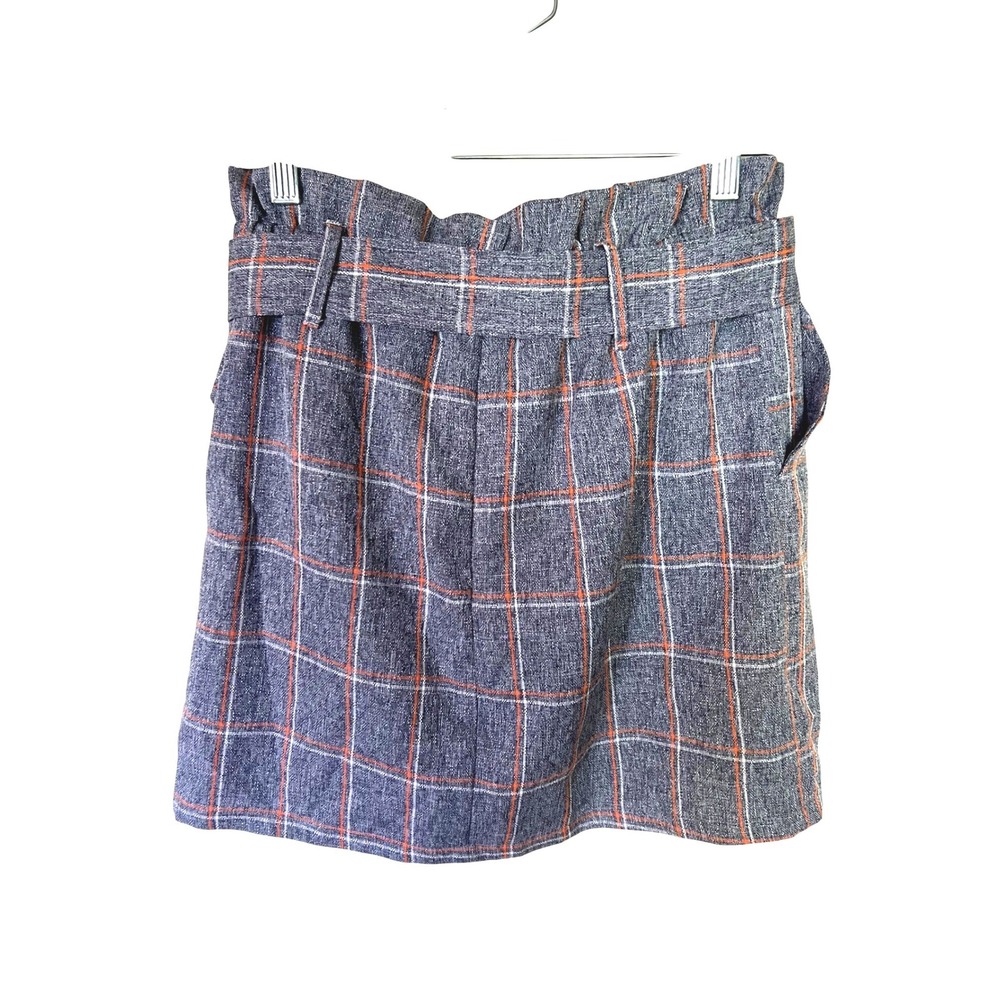 Entro Grey Orange Plaid Paperbag Waist Mini Skirt Belted High Rise Small Fall - Picture 2 of 9